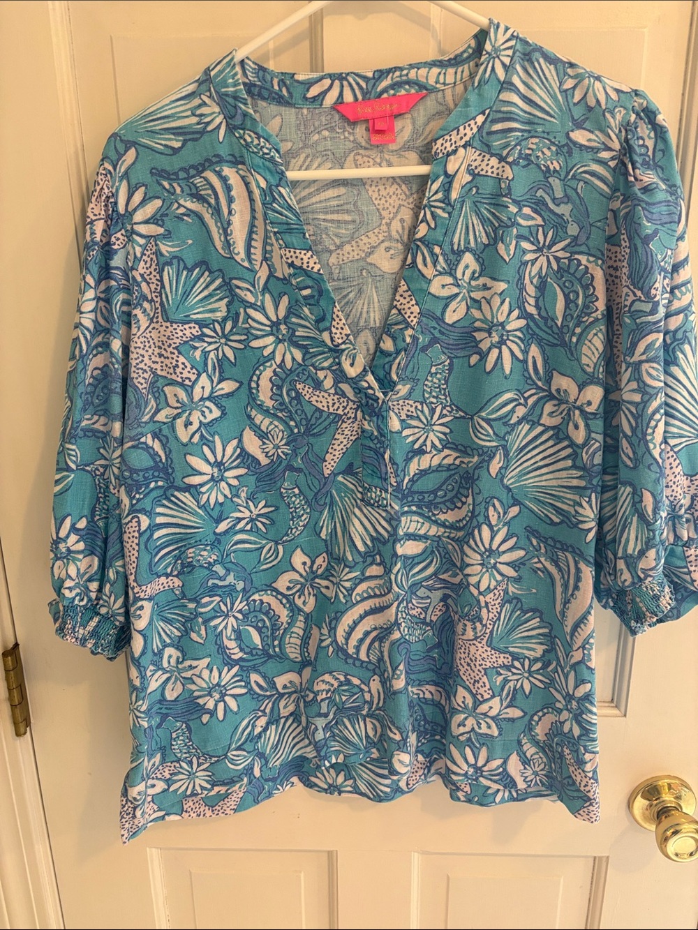 Lilly Pulitzer size 12 sea ocean V-Neck Tunic Top linen excellent
